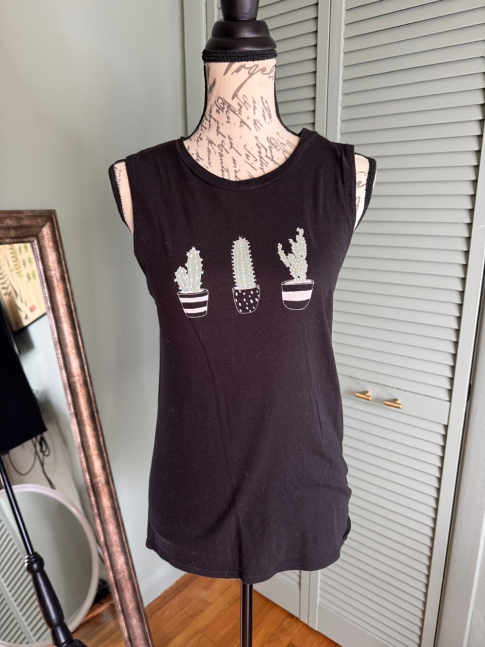 Black Tank Top with Three Cactus Motif